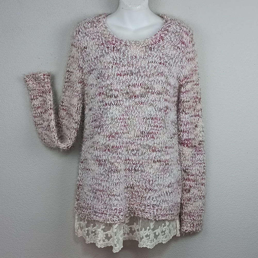 New Directions Women's Textured Knit Fuzzy Pullover Lace Hem Sweater sz L